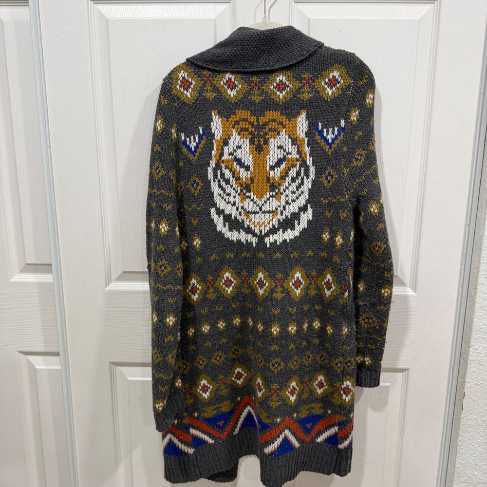 Jackson Rowe Gray Tiger Graphic Isle Longline Cardigan Sweater Small NO BELT